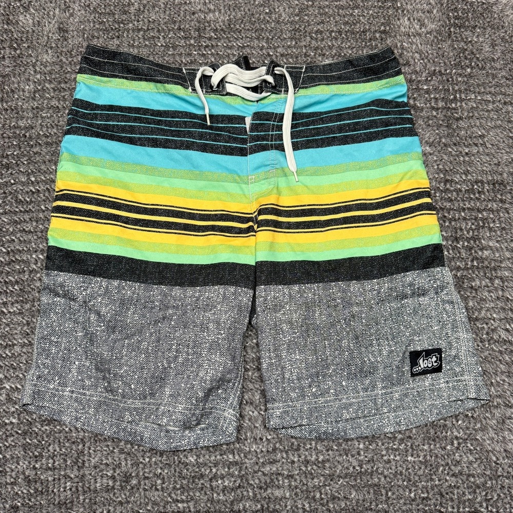 Lost Mens Board Shorts 34 Multicolor Striped Polyester Drawstring Swim